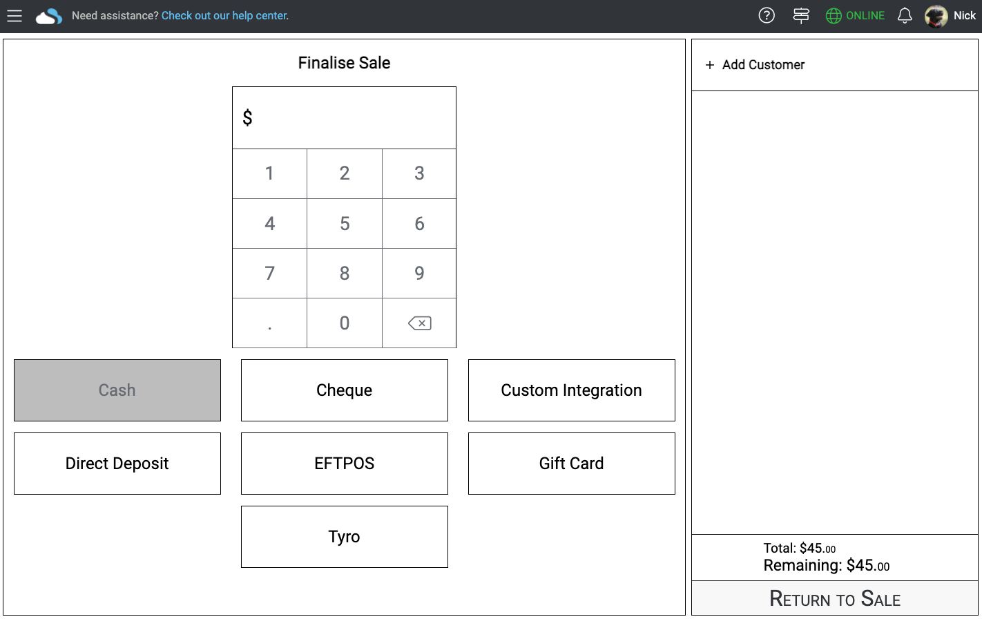Payment method on the sell screen